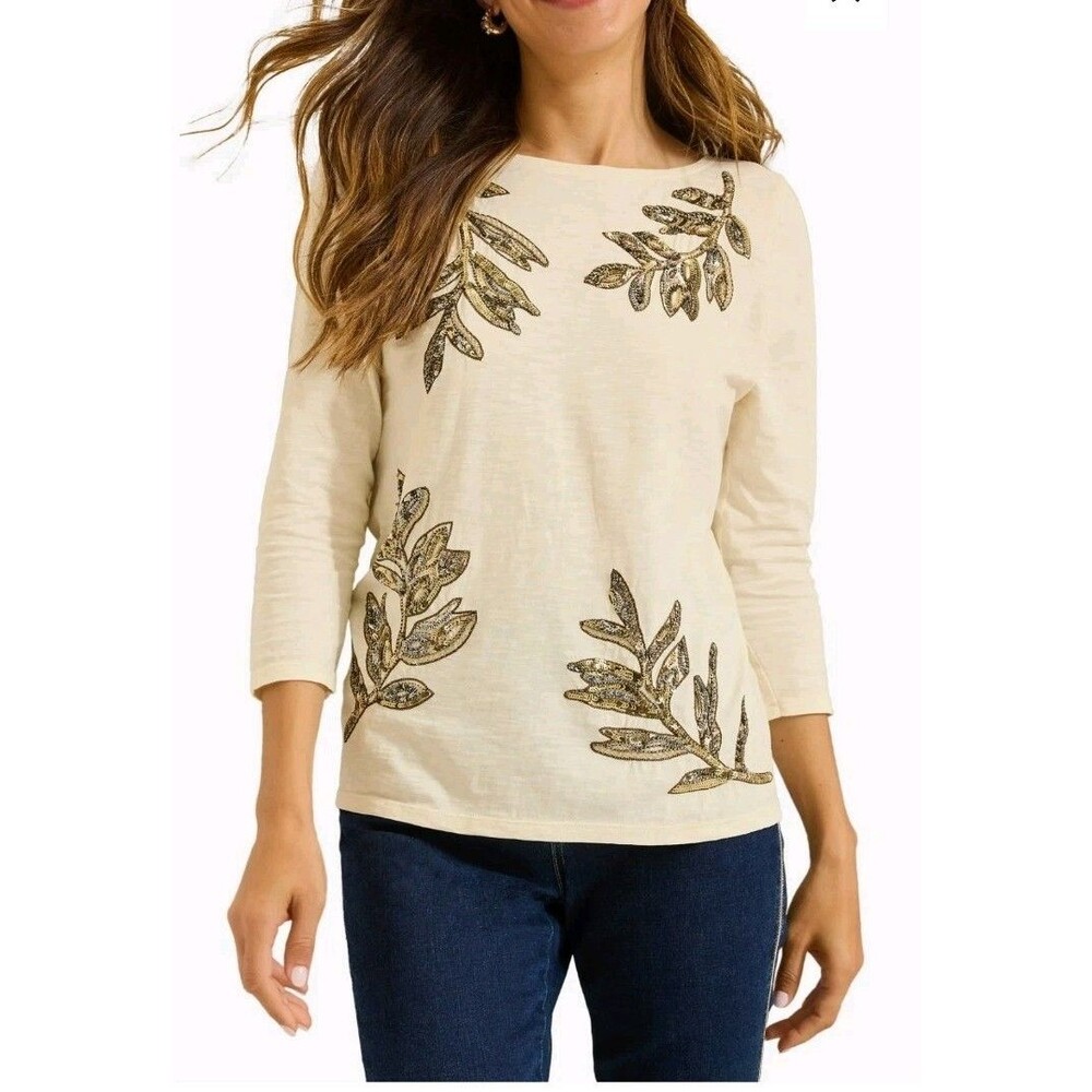 Tommy Bahama Sequin Leaf Luxe Tee Ivory Organic Cotton 3/4 Sleeve Top S Resort